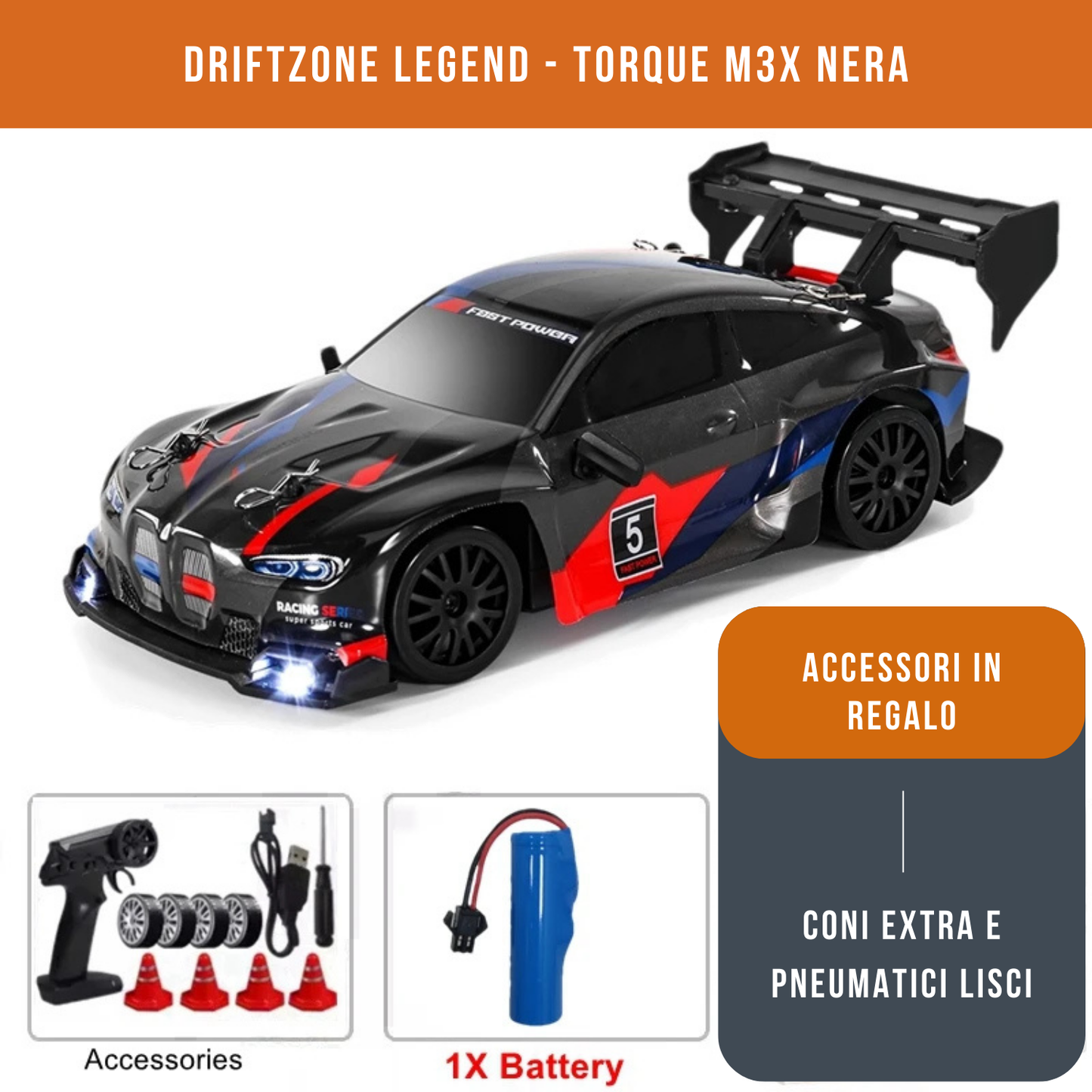 Auto da corsa M4 telecomandata ricaricabile con cavo USB