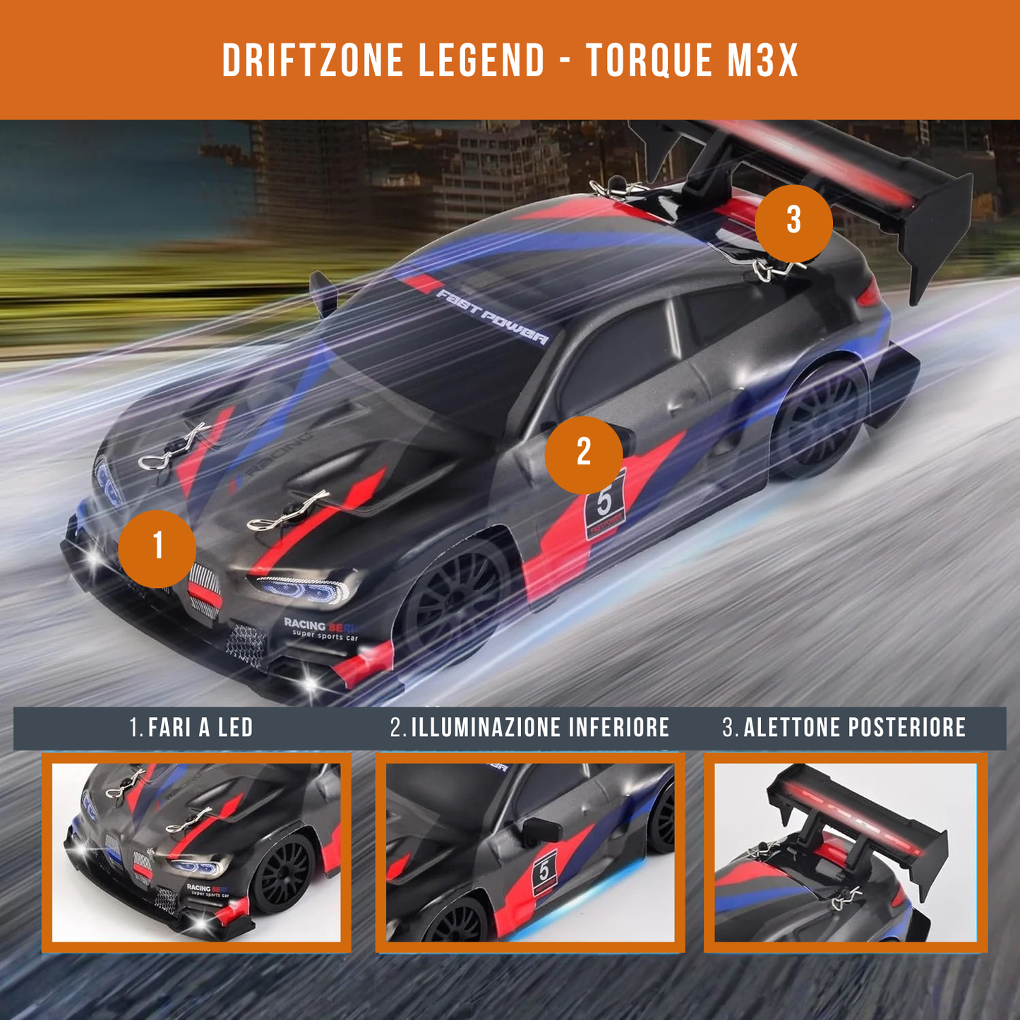 Auto da corsa M4 telecomandata ricaricabile con cavo USB